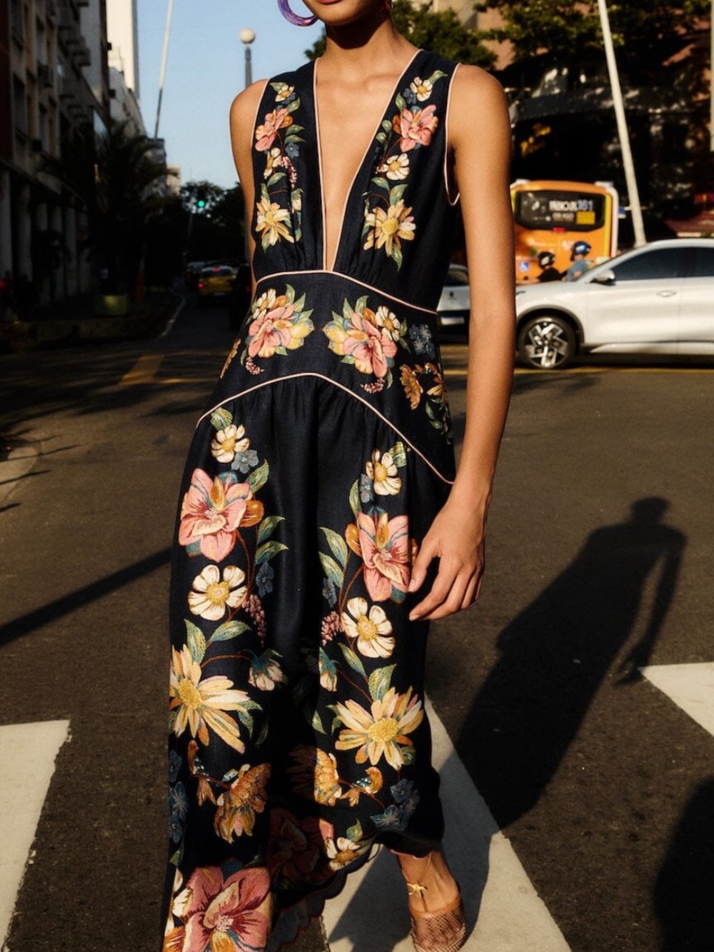 Farm Rio Maira Floral Linen Sleeveless Plunge Maxi Dress